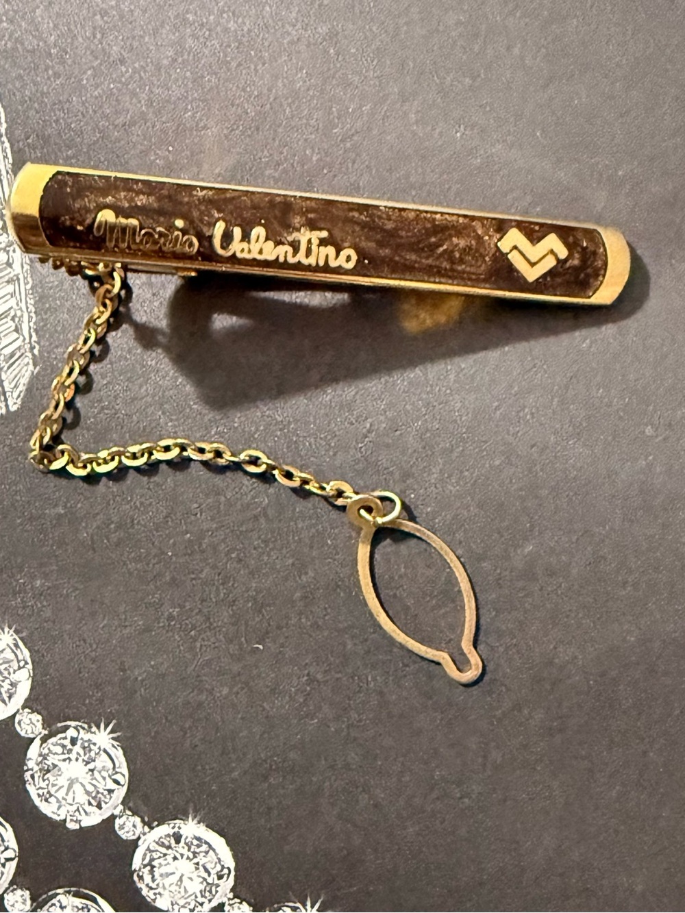 VTG Mario Valentino 24kGoldPlated Brown Tie Bar with Chain- No box